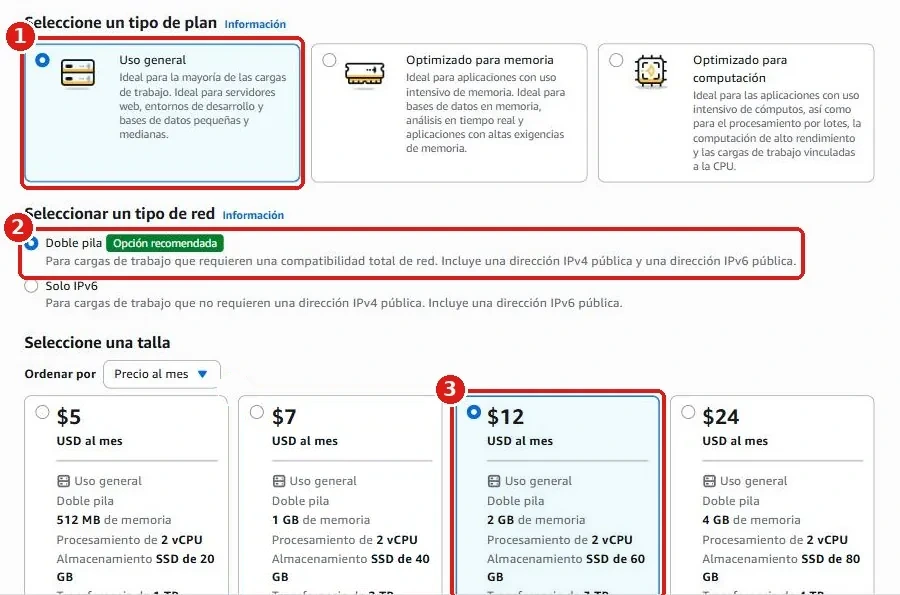 Uso general, Doble pila y el tamaño de 12 USD al mes seleccionados
