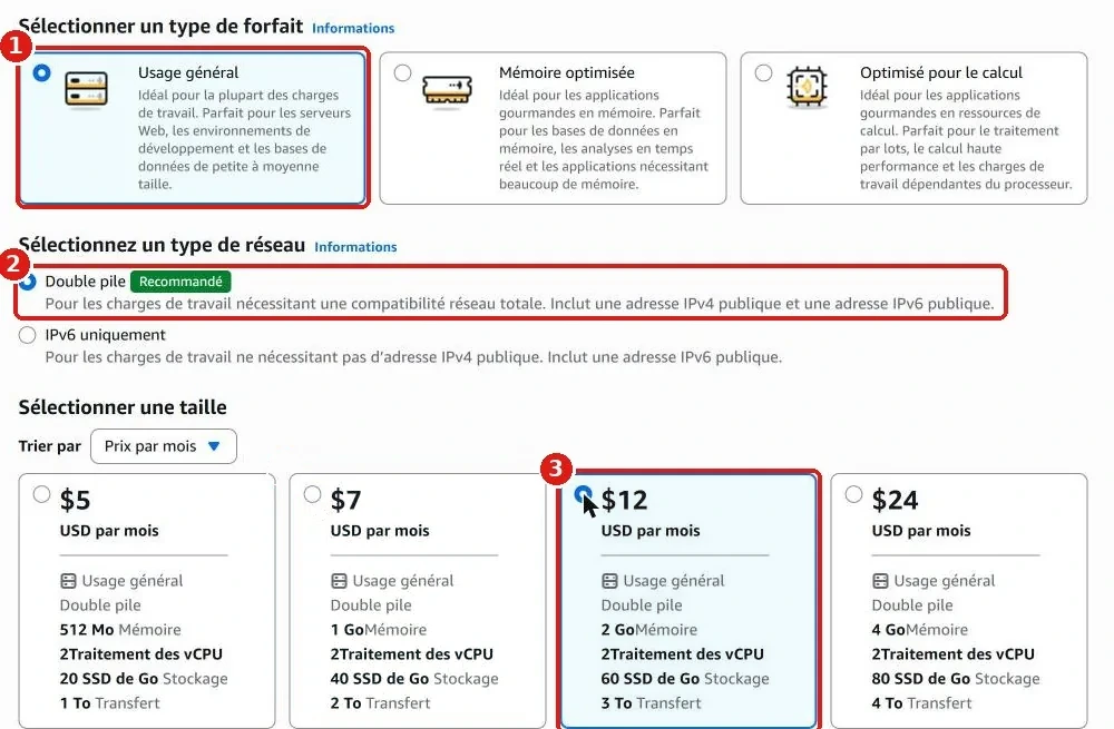 Usage général, Double pile et la taille à 12 $ par mois sélectionnés
