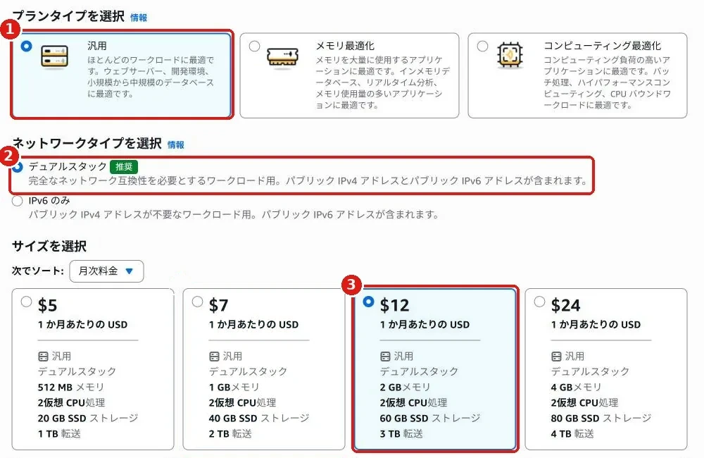 プランタイプの汎用、ネットワークタイプのデュアルスタック、サイズの $12 が選ばれている画面