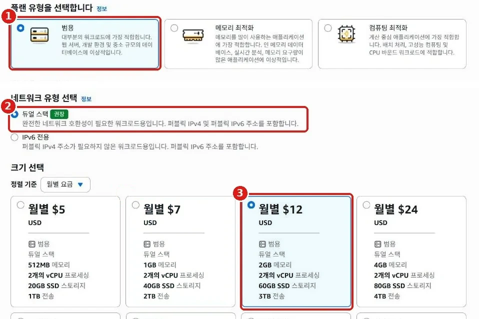 위: 플랜 유형에서 범용이 선택된 화면. 아래: 네트워크 유형 듀얼 스택과 크기 월별 $12가 선택된 화면