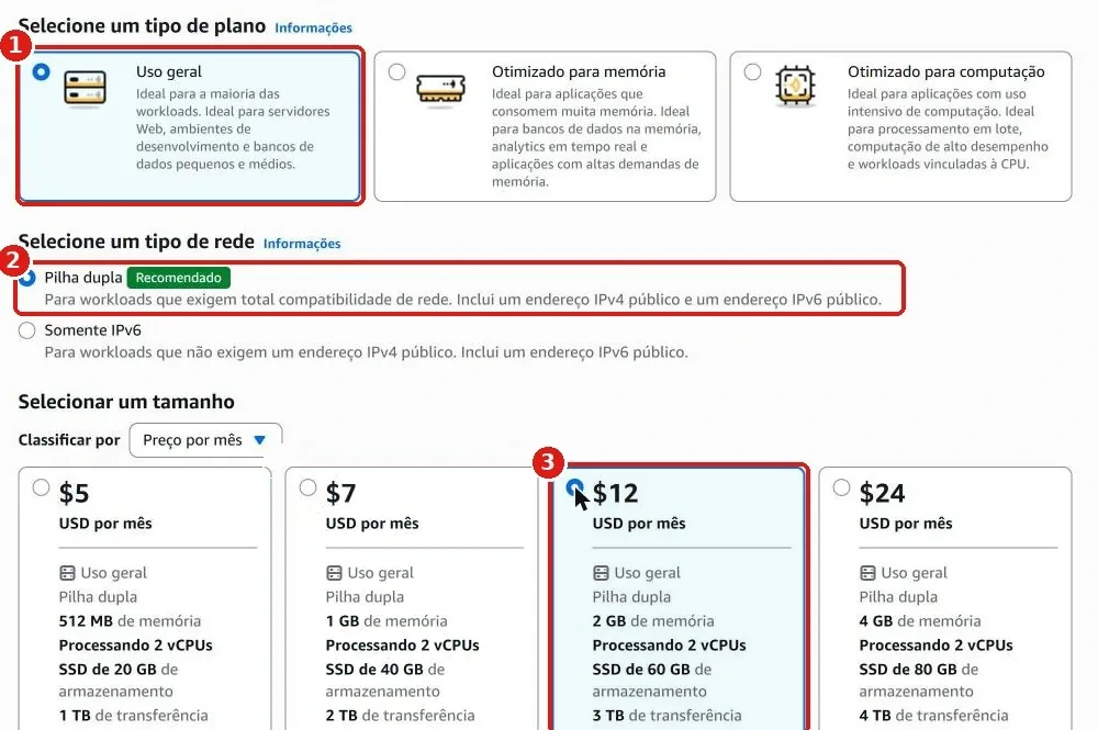 Uso geral, Pilha dupla e o tamanho de US$ 12 por mês selecionados